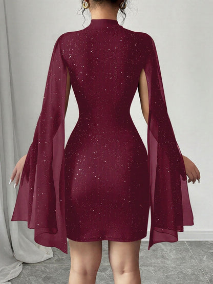 Elegant Sequin Birthday Dress for Women with Cutout High Neck Cape Sleeve