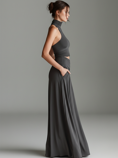 Elegant Gray Maxi Dress for Women with Turtleneck Halter Cutout Waist Ruched Skirt Sleeveless Formal Style