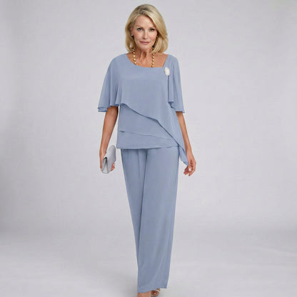 Elegant Wide Leg Set for Women with Round Neck Flutter Sleeve Draped Two Piece Formal Wedding Guest Style