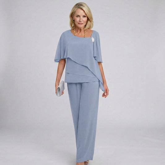 Elegant Wide Leg Set for Women with Round Neck Flutter Sleeve Draped Two Piece Formal Wedding Guest Style