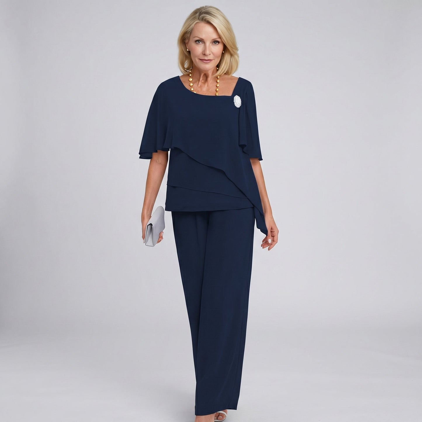 Elegant Wide Leg Set for Women with Round Neck Flutter Sleeve Draped Two Piece Formal Wedding Guest Style