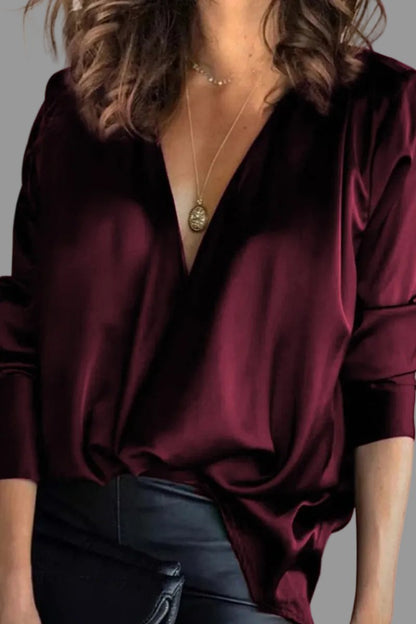 Aria | Women's Deep V-Neck Satin Long-Sleeve Draped Blouse
