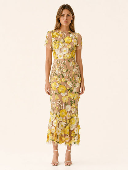 Elegant Wedding Guest Dress for Women with Round Neck Short Sleeve Floral Midi Formal Style