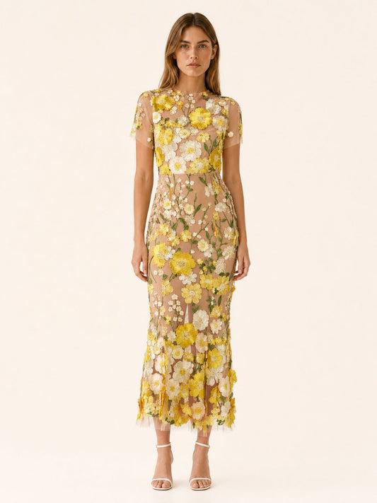 Elegant Wedding Guest Dress for Women with Round Neck Short Sleeve Floral Midi Formal Style