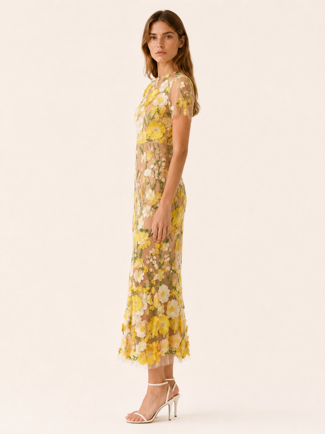 Elegant Wedding Guest Dress for Women with Round Neck Short Sleeve Floral Midi Formal Style