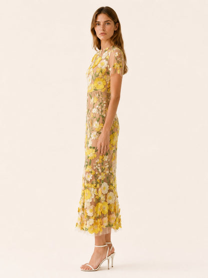 Elegant Wedding Guest Dress for Women with Round Neck Short Sleeve Floral Midi Formal Style