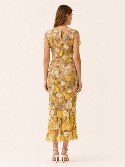 Elegant Wedding Guest Dress for Women with Round Neck Short Sleeve Floral Midi Formal Style