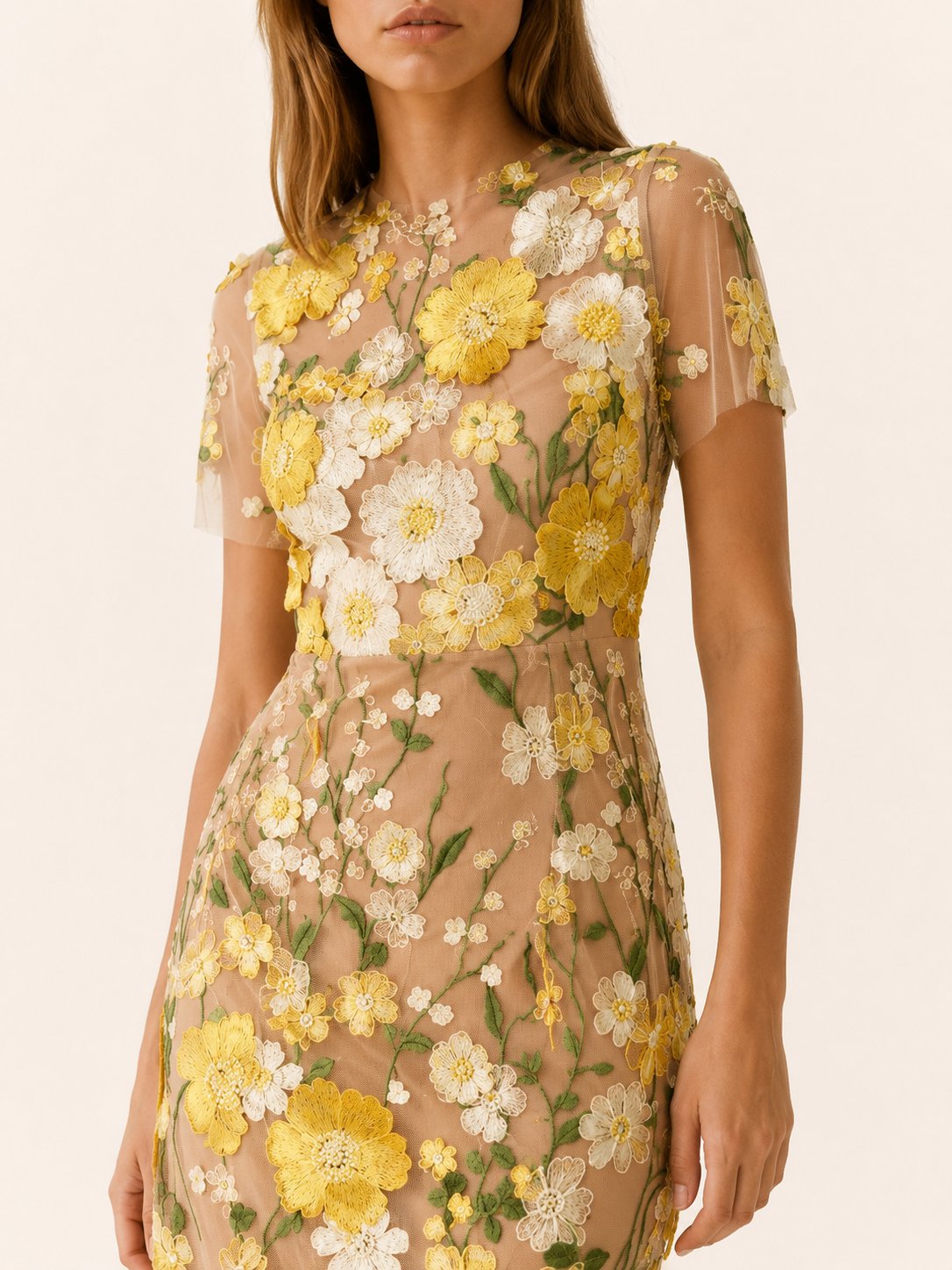 Elegant Wedding Guest Dress for Women with Round Neck Short Sleeve Floral Midi Formal Style