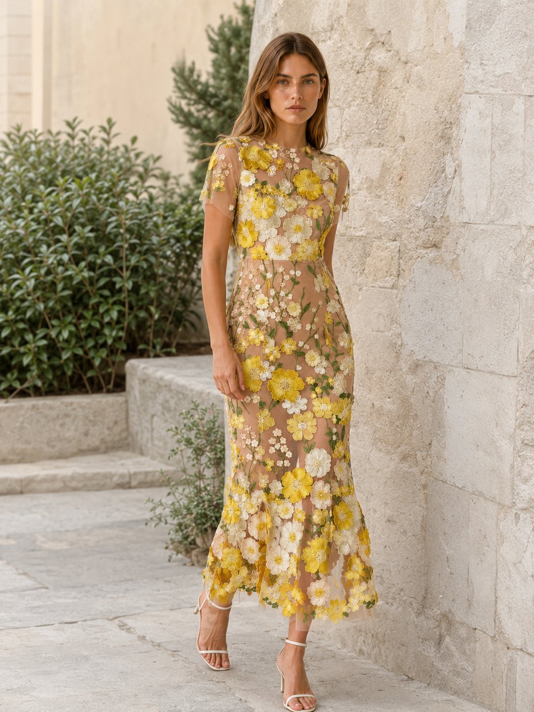 Elegant Wedding Guest Dress for Women with Round Neck Short Sleeve Floral Midi Formal Style