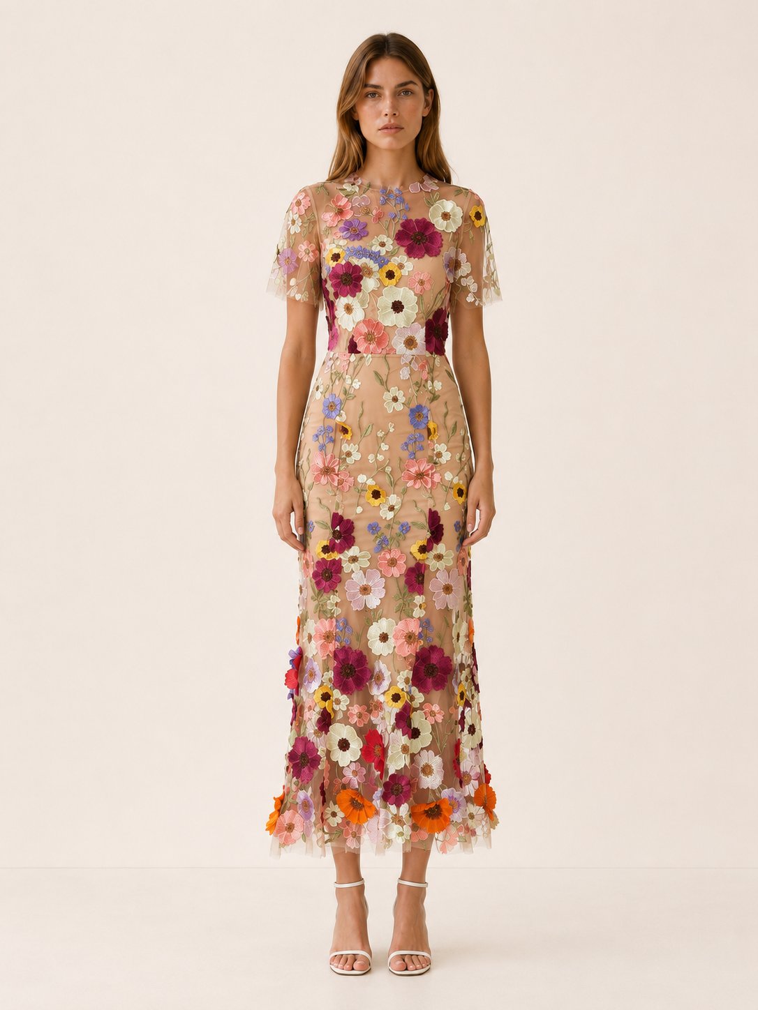 Elegant Wedding Guest Dress for Women with Round Neck Short Sleeve Floral Midi Formal Style