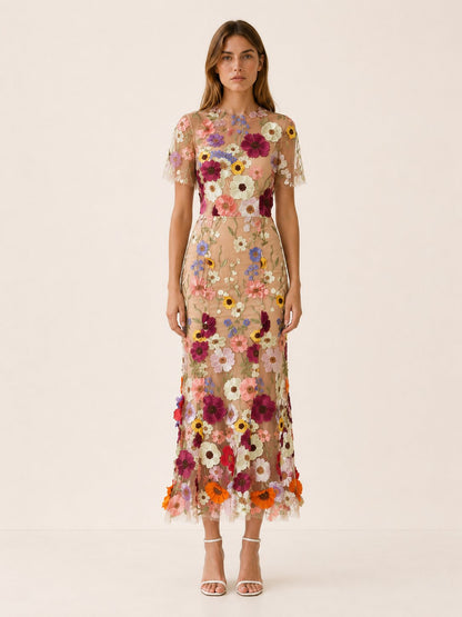 Elegant Wedding Guest Dress for Women with Round Neck Short Sleeve Floral Midi Formal Style