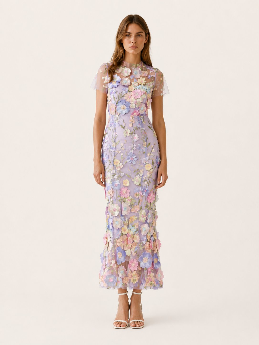 Elegant Wedding Guest Dress for Women with Round Neck Short Sleeve Floral Midi Formal Style