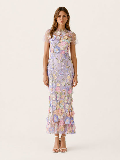 Elegant Wedding Guest Dress for Women with Round Neck Short Sleeve Floral Midi Formal Style
