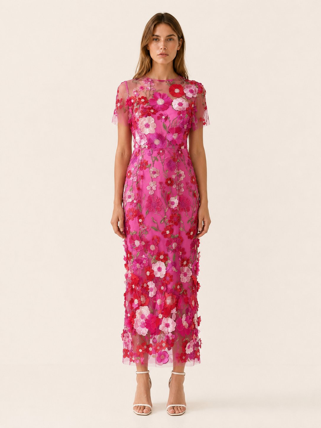 Elegant Wedding Guest Dress for Women with Round Neck Short Sleeve Floral Midi Formal Style