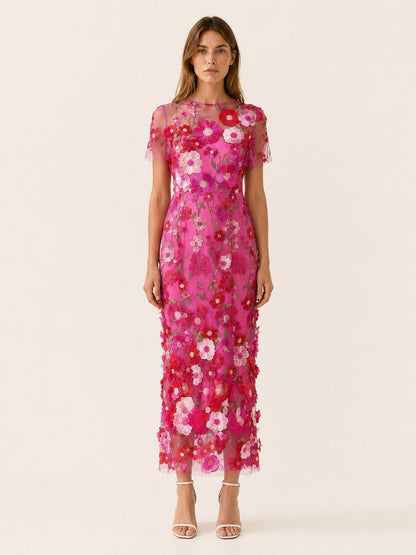 Elegant Wedding Guest Dress for Women with Round Neck Short Sleeve Floral Midi Formal Style
