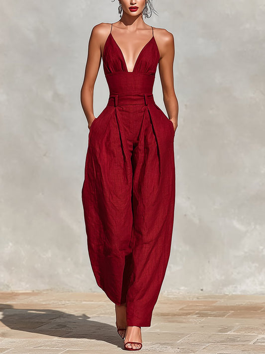 Elegant Jumpsuit for Women with Deep V Neck Sleeveless Wide Leg Relaxed Formal Style