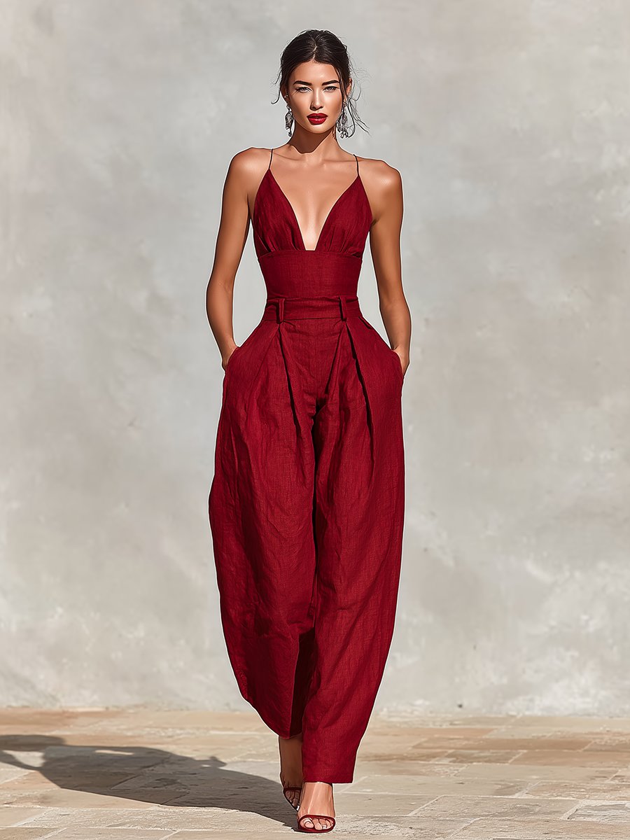 Elegant Jumpsuit for Women with Deep V Neck Sleeveless Wide Leg Relaxed Formal Style