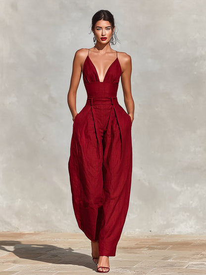 Elegant Jumpsuit for Women with Deep V Neck Sleeveless Wide Leg Relaxed Formal Style