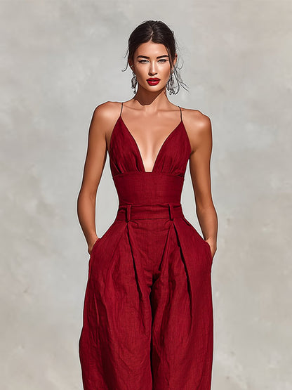 Elegant Jumpsuit for Women with Deep V Neck Sleeveless Wide Leg Relaxed Formal Style