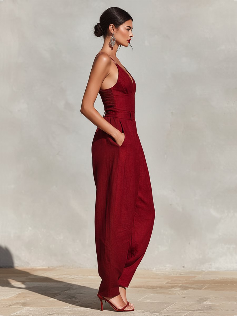 Elegant Jumpsuit for Women with Deep V Neck Sleeveless Wide Leg Relaxed Formal Style