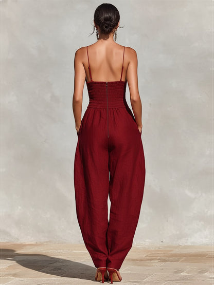 Elegant Jumpsuit for Women with Deep V Neck Sleeveless Wide Leg Relaxed Formal Style