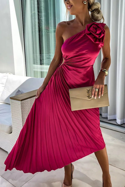 Elegant Satin Maxi Dress for Women with One Shoulder Pleated Floral Brooch Formal Wedding Guest Style