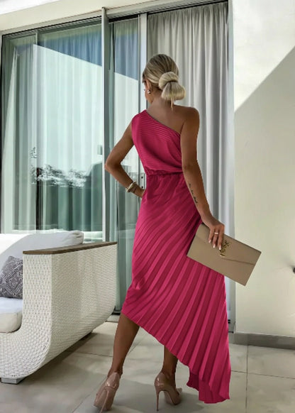Elegant Satin Maxi Dress for Women with One Shoulder Pleated Floral Brooch Formal Wedding Guest Style