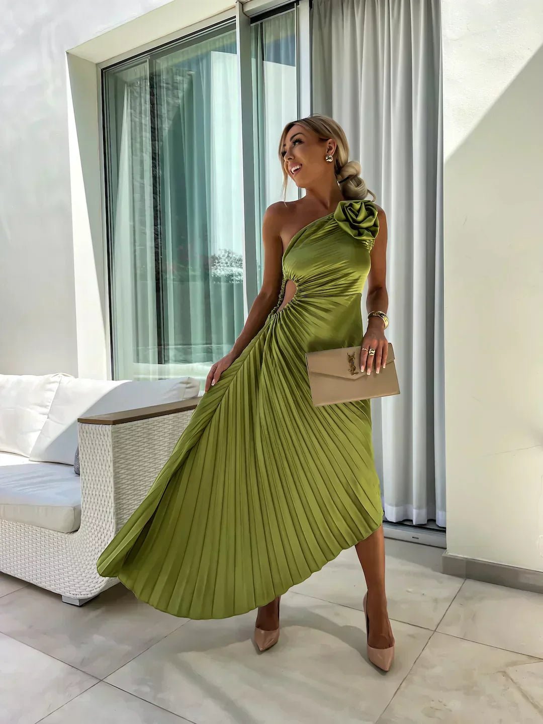 Elegant Satin Maxi Dress for Women with One Shoulder Pleated Floral Brooch Formal Wedding Guest Style