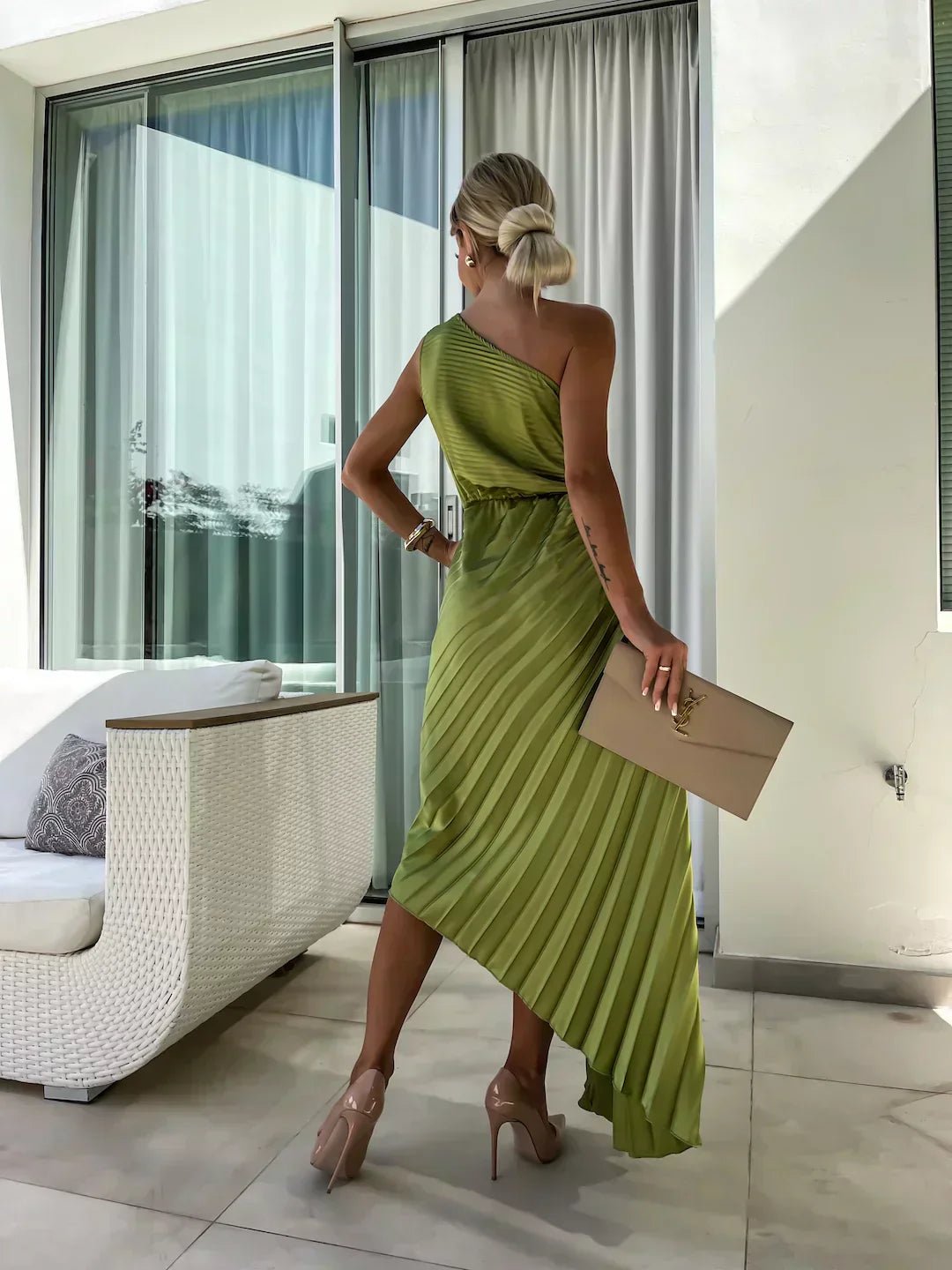 Elegant Satin Maxi Dress for Women with One Shoulder Pleated Floral Brooch Formal Wedding Guest Style