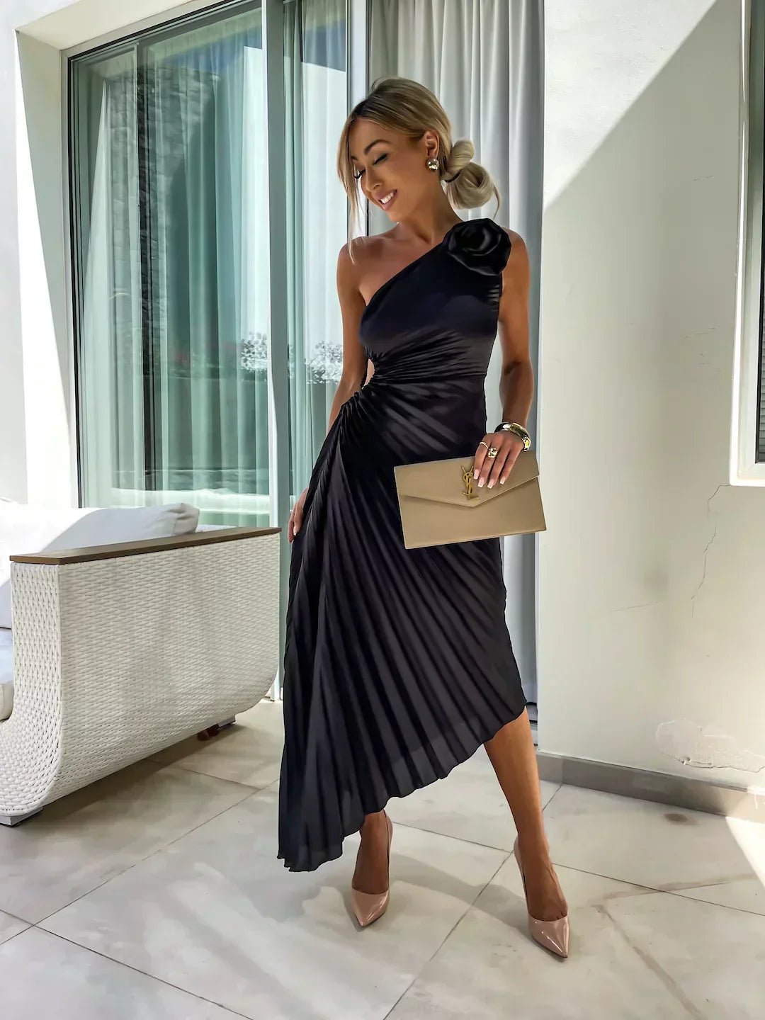 Elegant Satin Maxi Dress for Women with One Shoulder Pleated Floral Brooch Formal Wedding Guest Style