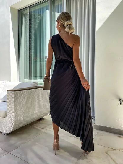 Elegant Satin Maxi Dress for Women with One Shoulder Pleated Floral Brooch Formal Wedding Guest Style