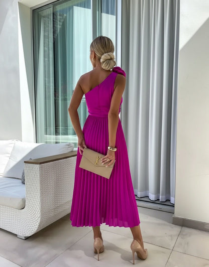 Elegant Satin Maxi Dress for Women with One Shoulder Pleated Floral Brooch Formal Wedding Guest Style