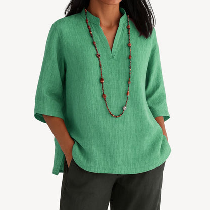 Victoria | Women's Relaxed-Fit Linen 3/4 Sleeve V-Neck Tunic Blouse