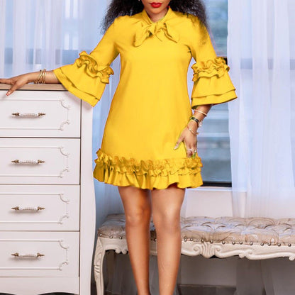 Effortless Mini Dress for Women with Ruffle Hem Bow Neck Tunic Style
