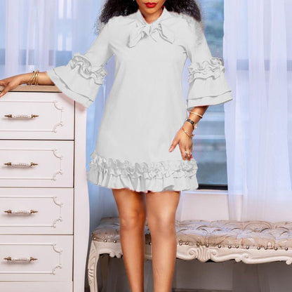 Effortless Mini Dress for Women with Ruffle Hem Bow Neck Tunic Style