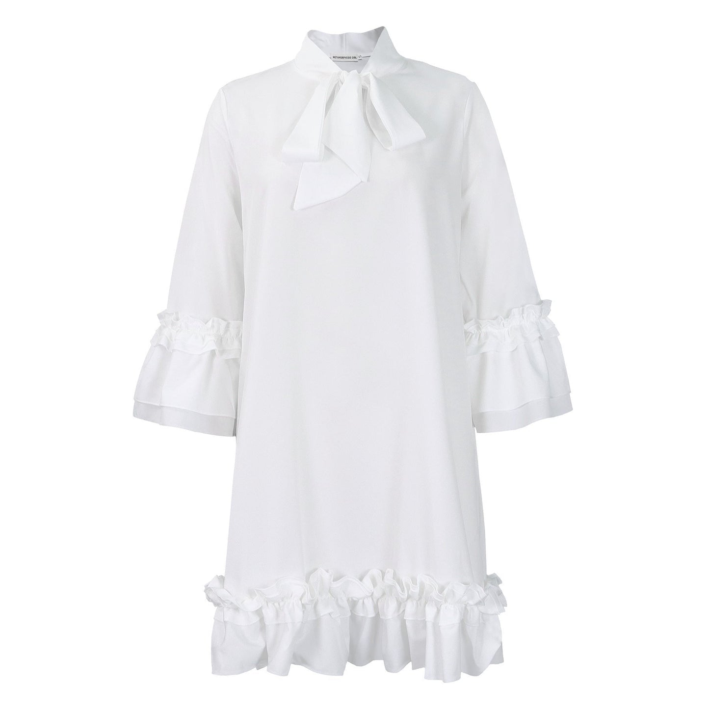Effortless Mini Dress for Women with Ruffle Hem Bow Neck Tunic Style