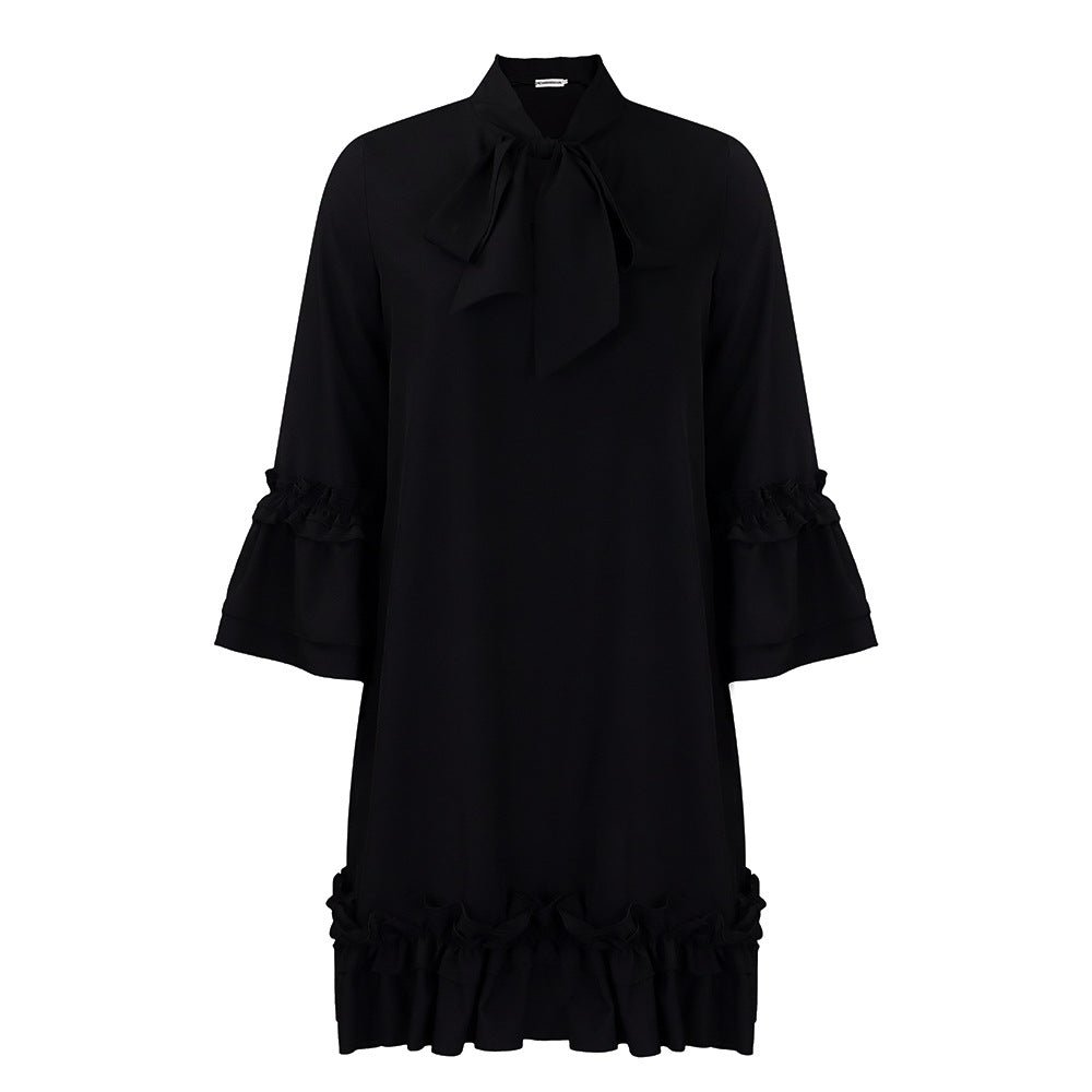 Effortless Mini Dress for Women with Ruffle Hem Bow Neck Tunic Style