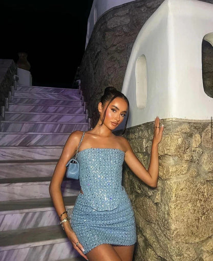 Elegant Blue Sequin Mini Dress for Women with Strapless Bodycon Sparkle Formal Party Style