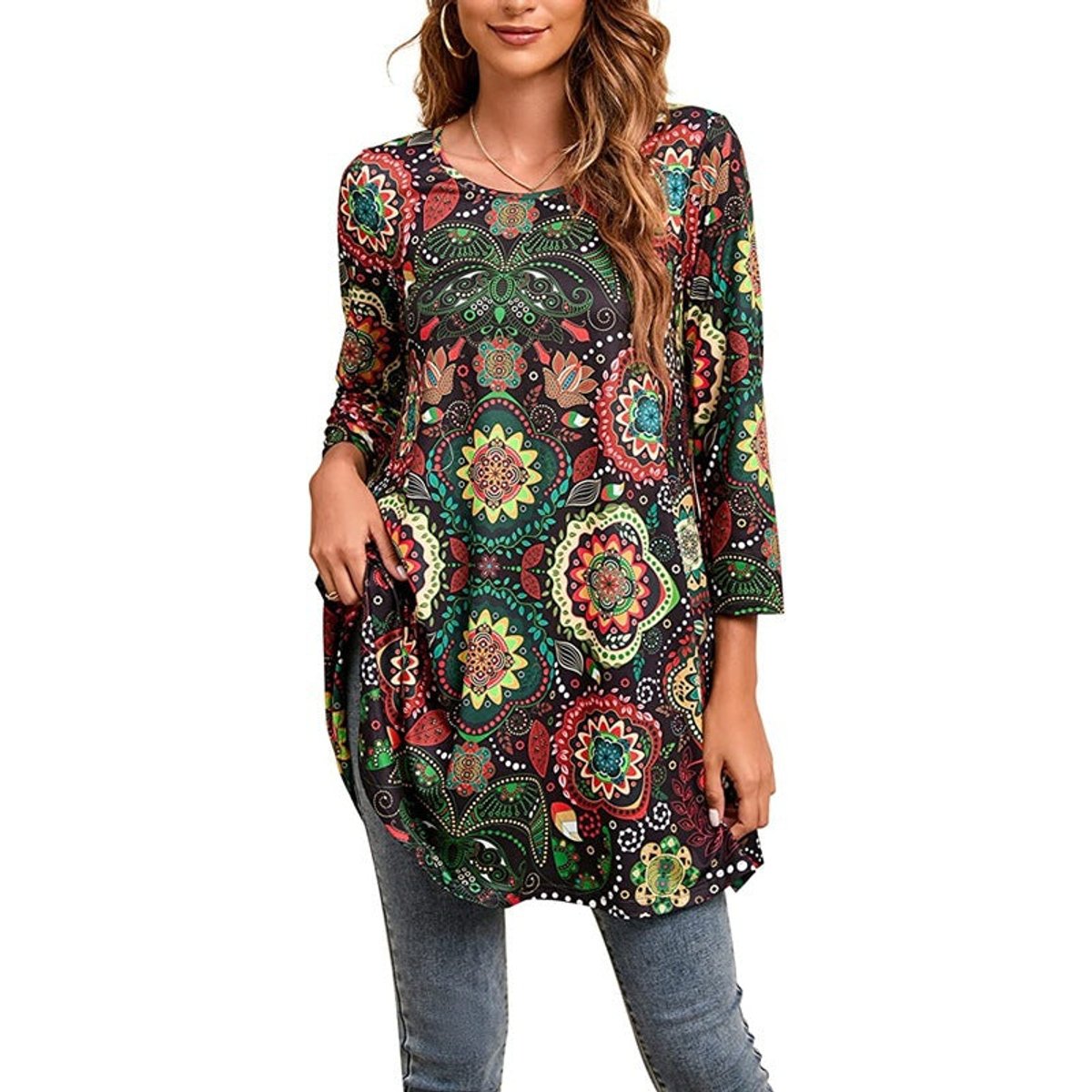 Zara | Women's Mandala Print 3/4 Sleeve Tunic Top